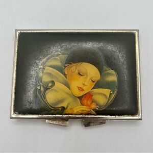 vintage art deco pill box vanity case illustrated lady compact